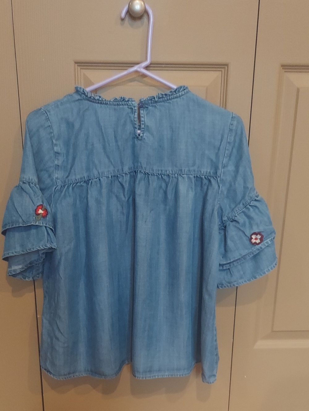 Denim Style Embroidered Ruffle Top - Picture 3 of 6